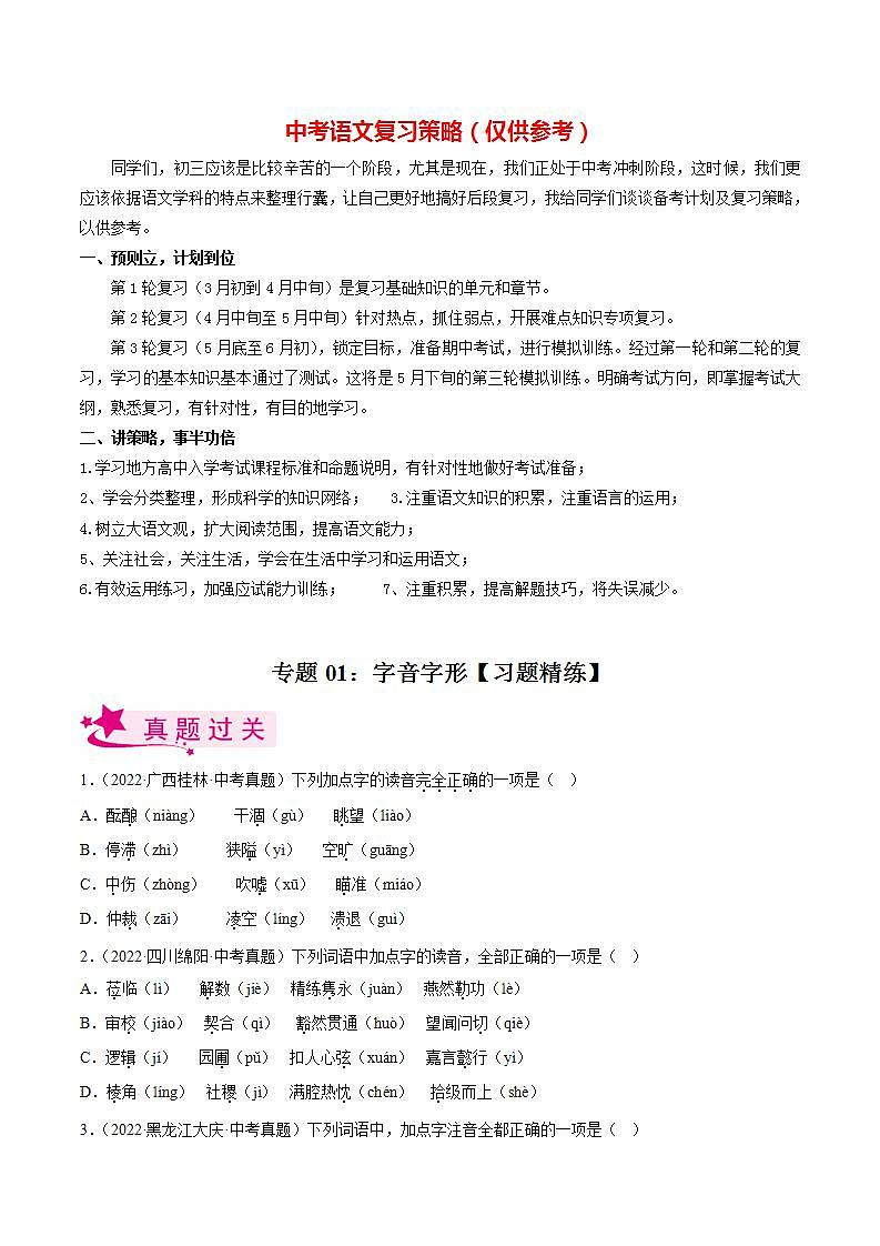 专题01  字音字形【习题精练】-备战2023年中考语文一轮复习考点帮（全国通用）（原卷版）第1页