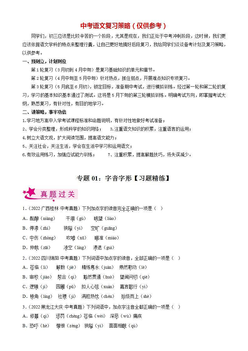 专题01  字音字形【习题精练】-备战2023年中考语文一轮复习考点帮（全国通用）（解析版）第1页