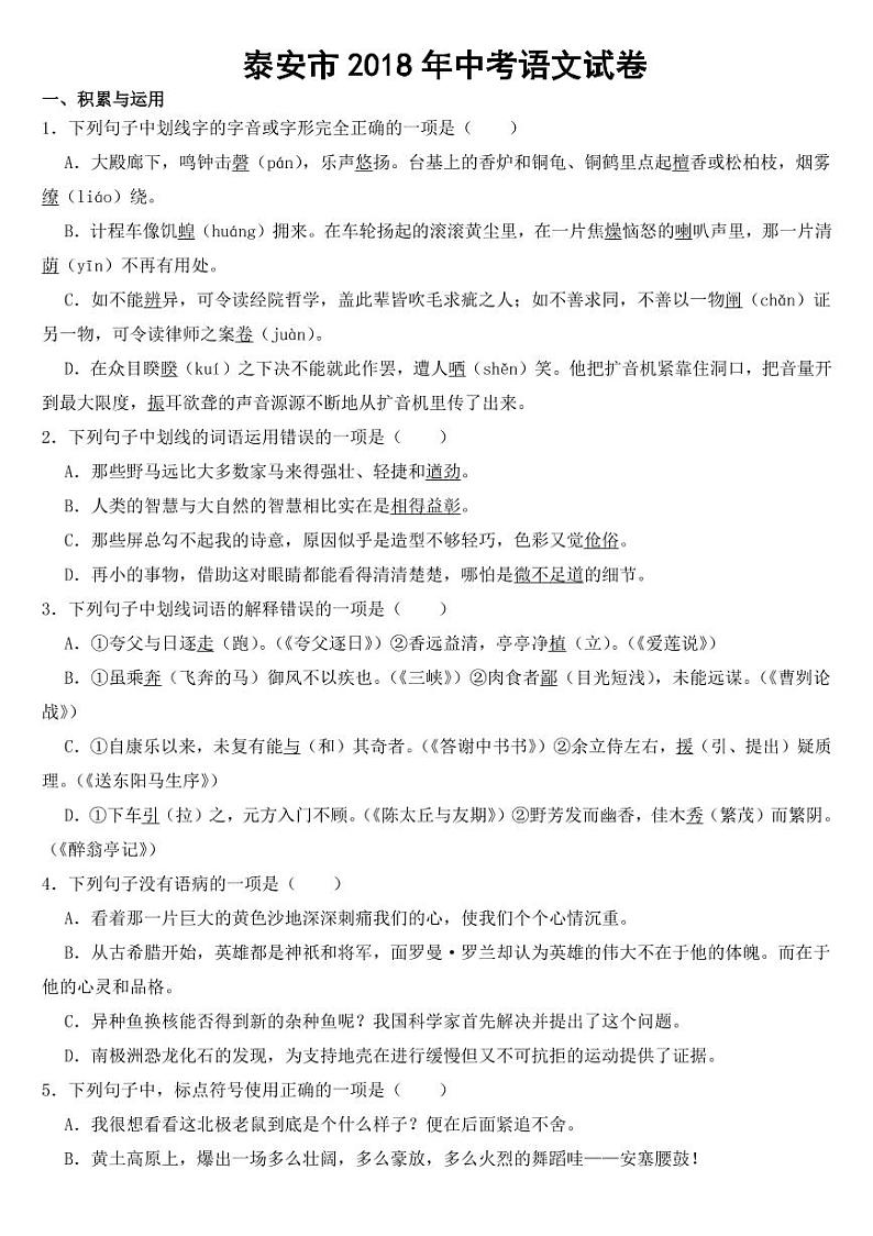 山东省泰安市2018-2022年近五年中考语文试卷【附参考答案】01