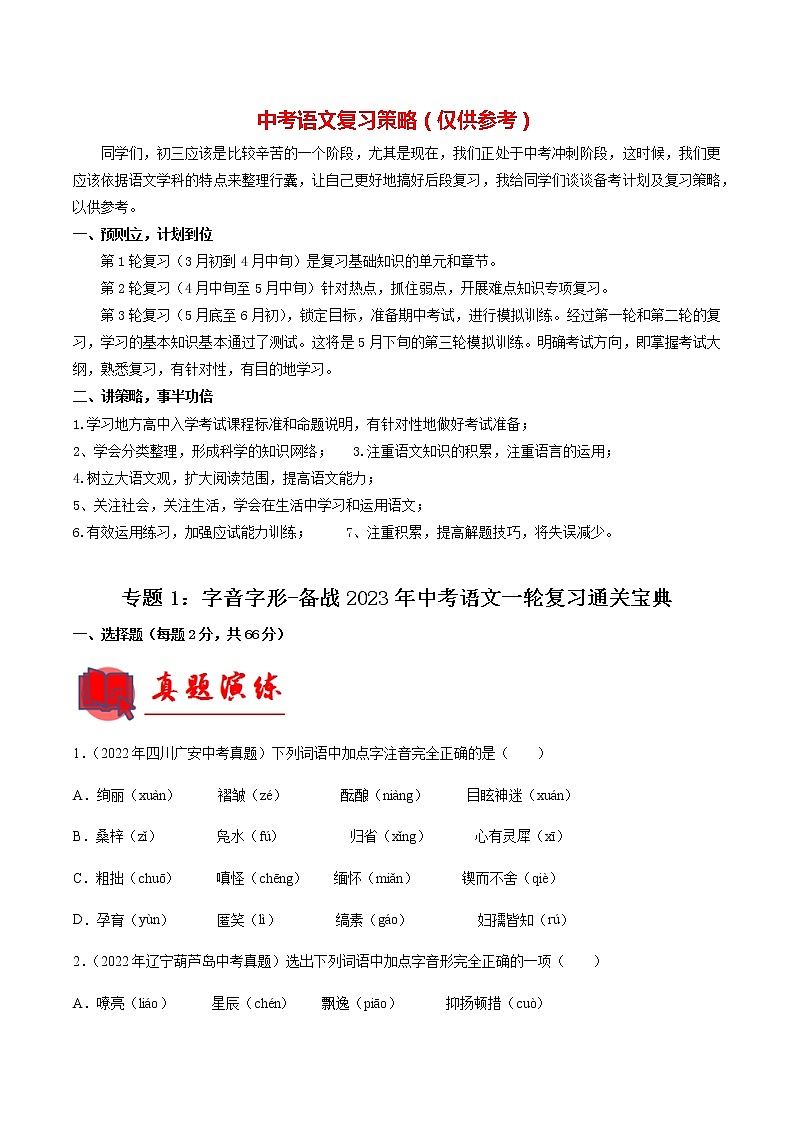 备战2023年中考语文一轮复习通关宝典课件+专题检测  专题01  字音字形01