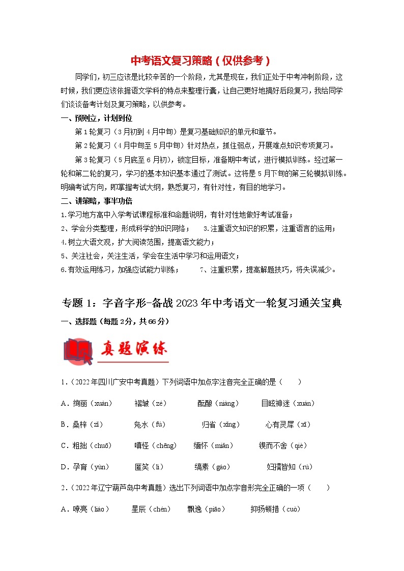 备战2023年中考语文一轮复习通关宝典课件+专题检测  专题01  字音字形01