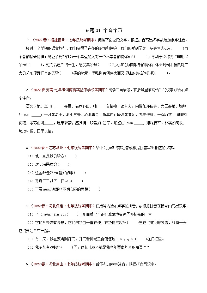2022-2023年部编版语文七年级下册专项复习精讲精练：专题01：字音字形（原卷版+解析版）01
