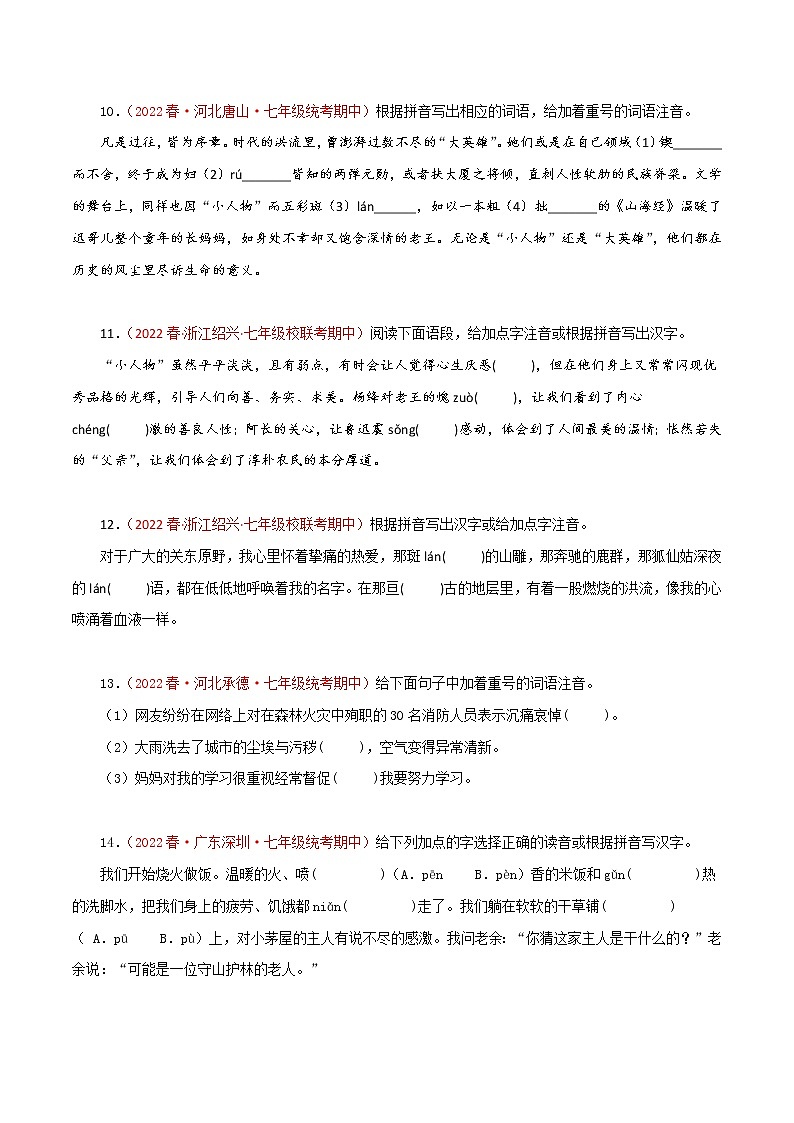 2022-2023年部编版语文七年级下册专项复习精讲精练：专题01：字音字形（原卷版+解析版）03