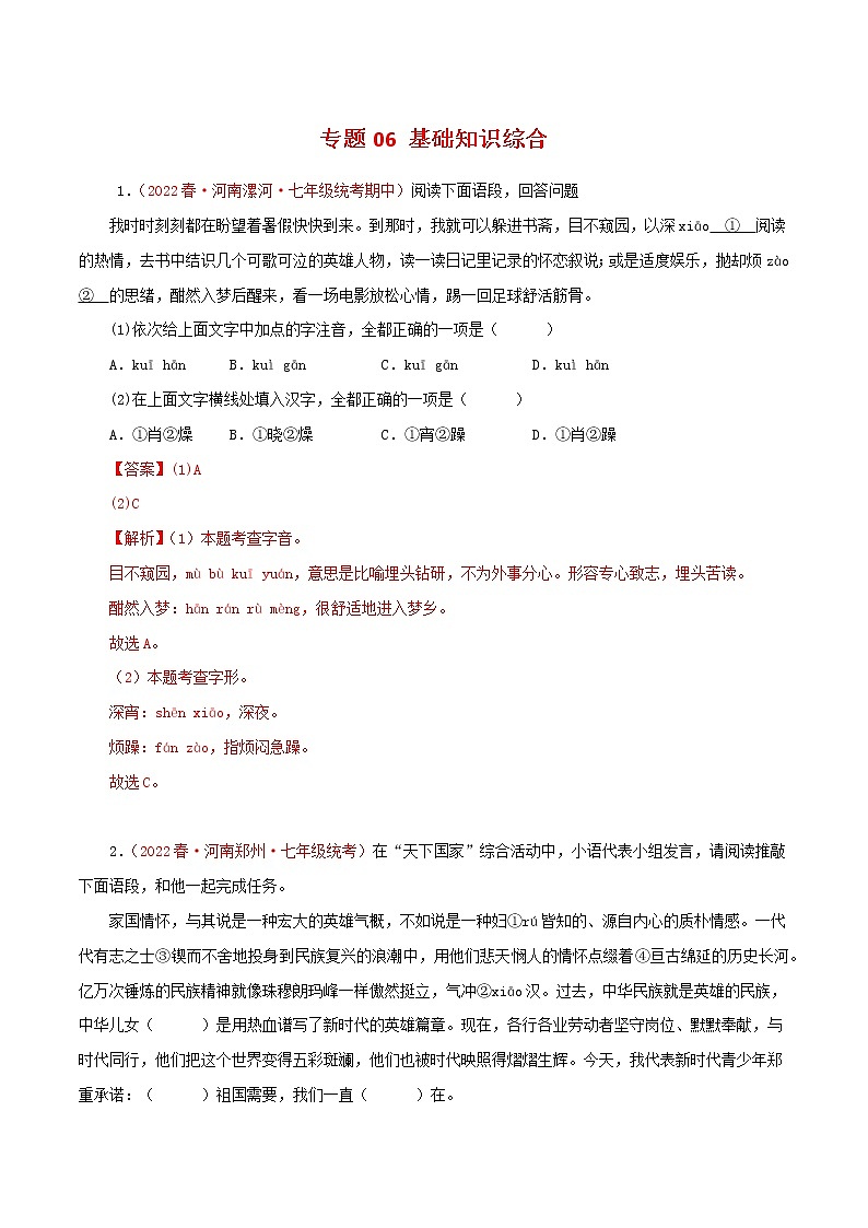 2022-2023年部编版语文七年级下册专项复习精讲精练：专题06：基础知识综合（解析版）第1页