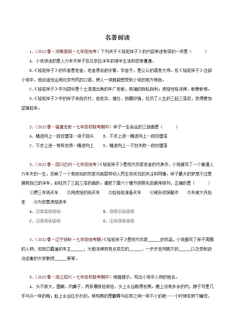 2022-2023年部编版语文七年级下册专项复习精讲精练：专题14：名著阅读（原卷版）第1页