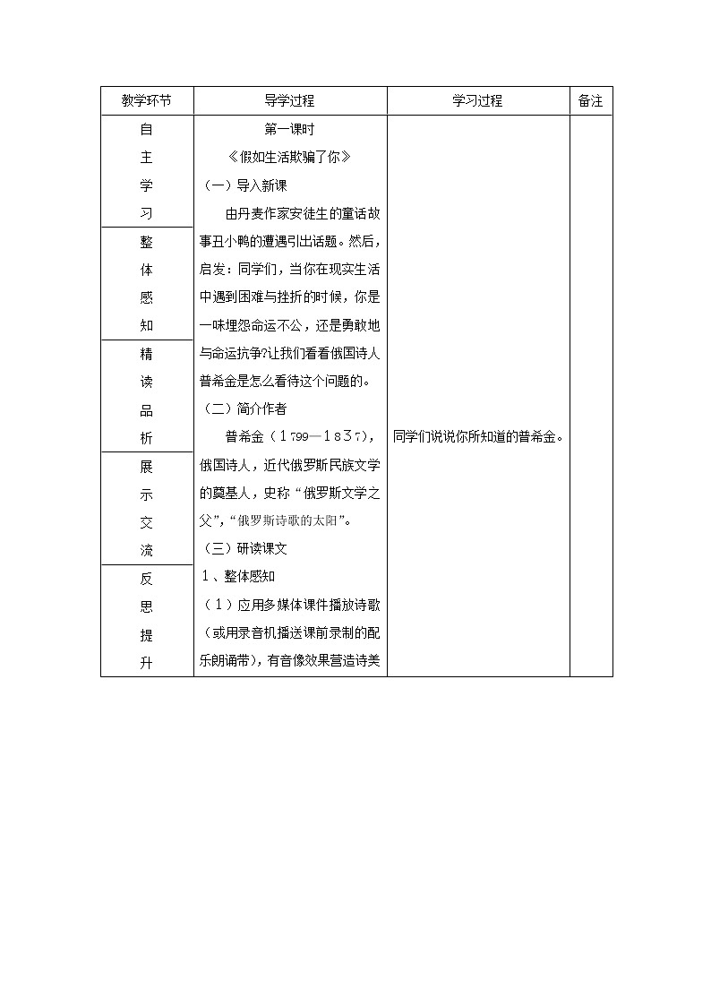 部编版七年级语文下册--20.外国诗二首-假如生活欺骗了你（教学设计）第1页