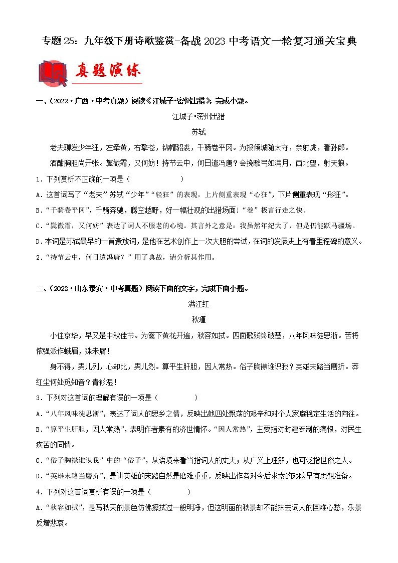 2023年中考语文一轮复习通关练习专题25：九年级下册诗歌鉴赏（教师版）第1页