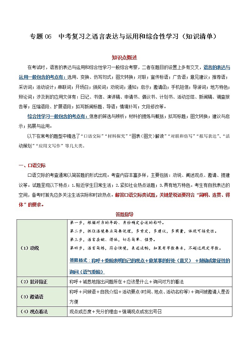 中考语文一轮复习专题06  语言表达与运用和综合性学习（知识清单）第1页