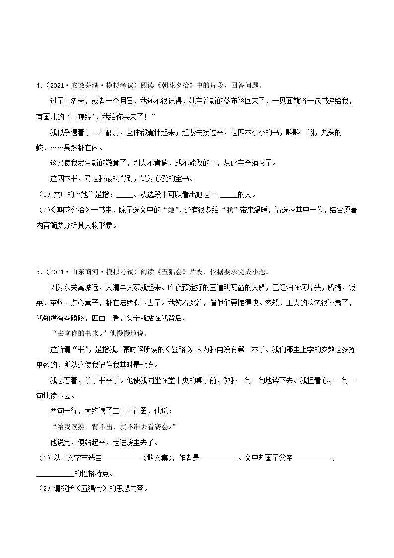 中考语文二轮复习名著导读《朝花夕拾》习题精练(教师版)第3页