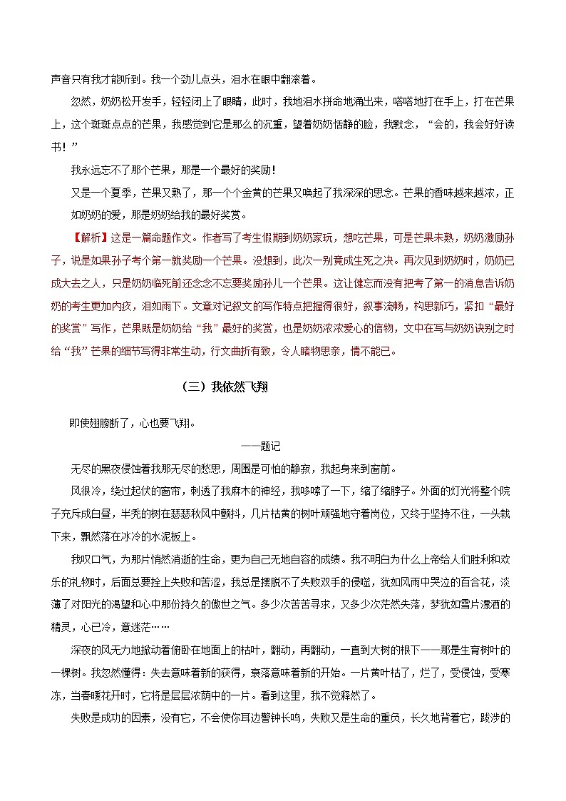 中考语文二轮复习写作练习专题12 命题优秀作文赏析(教师版)第3页