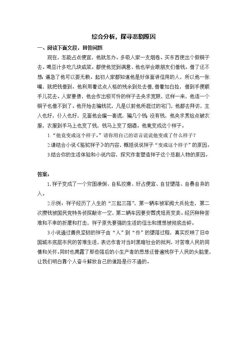 部编版语文七年级下册 《骆驼祥子》第四课时练习第1页