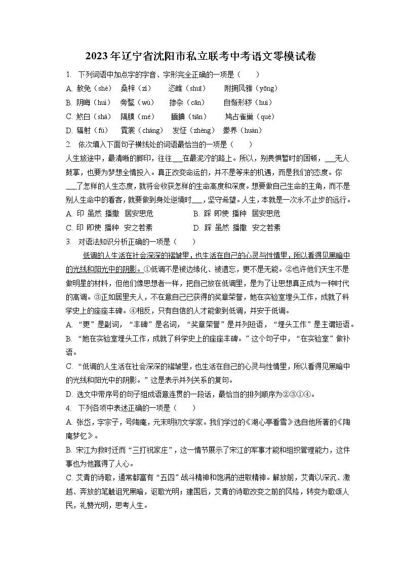 2023年辽宁省沈阳市私立联考中考语文零模试卷（含答案解析）01