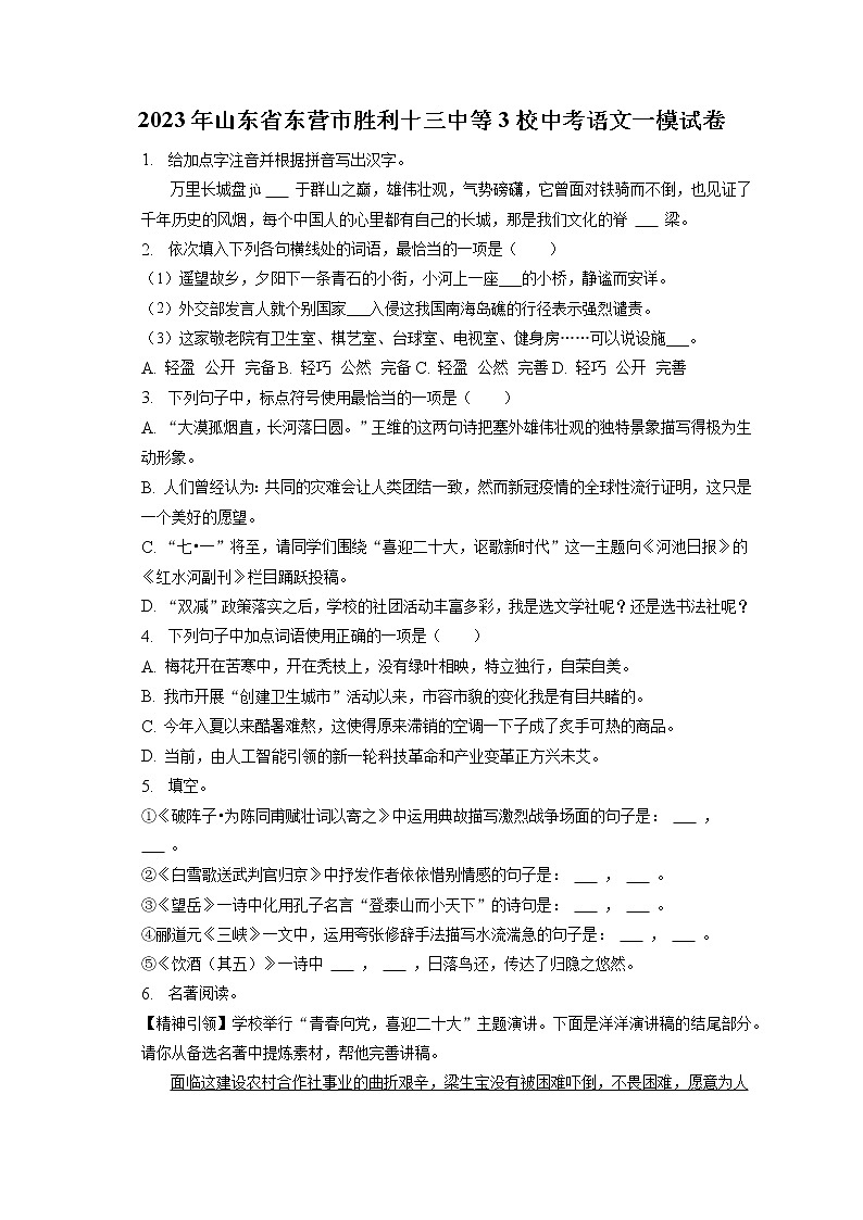 2023年山东省东营市胜利十三中等3校中考语文一模试卷(含答案解析)01