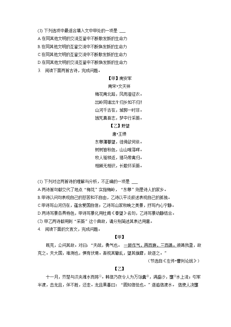2023年福建省三明市永安市中考语文一模试卷(含答案解析)02