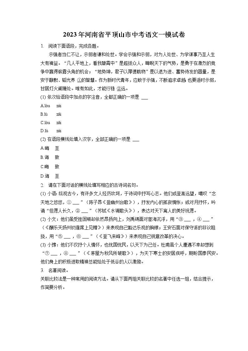 2023年河南省平顶山市中考语文一模试卷(含答案解析)01