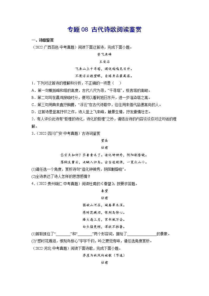 2023年中考语文基础考点精讲精练专项汇编专题08 古代诗歌阅读鉴赏(考点训练)(原卷版)第1页