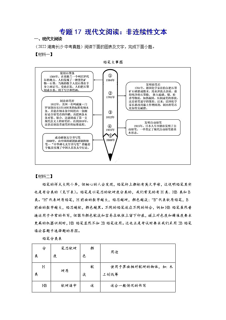 2023年中考语文基础考点精讲精练专项汇编专题17 现代文阅读：非连续性文本(原卷版)01
