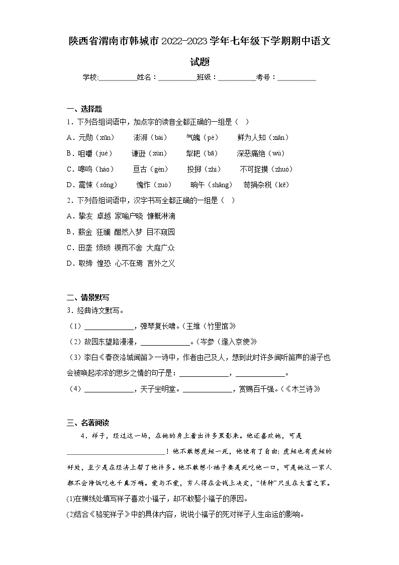 陕西省渭南市韩城市2022-2023学年七年级下学期期中语文试题（含答案）01
