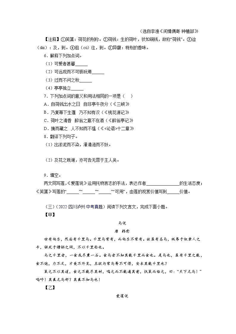 备战2023年中考语文文言文必考篇目之对比阅读（通用版）03  爱莲说（原卷版）第3页