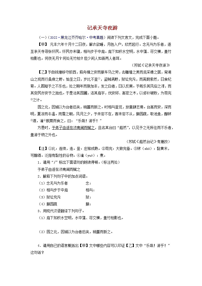 备战2023年中考语文文言文必考篇目之对比阅读（通用版）06  记承天寺夜游（原卷版）01