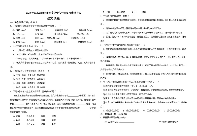 2023年山东省潍坊市寒亭区中考一轮复习模拟考试语文试题第1页