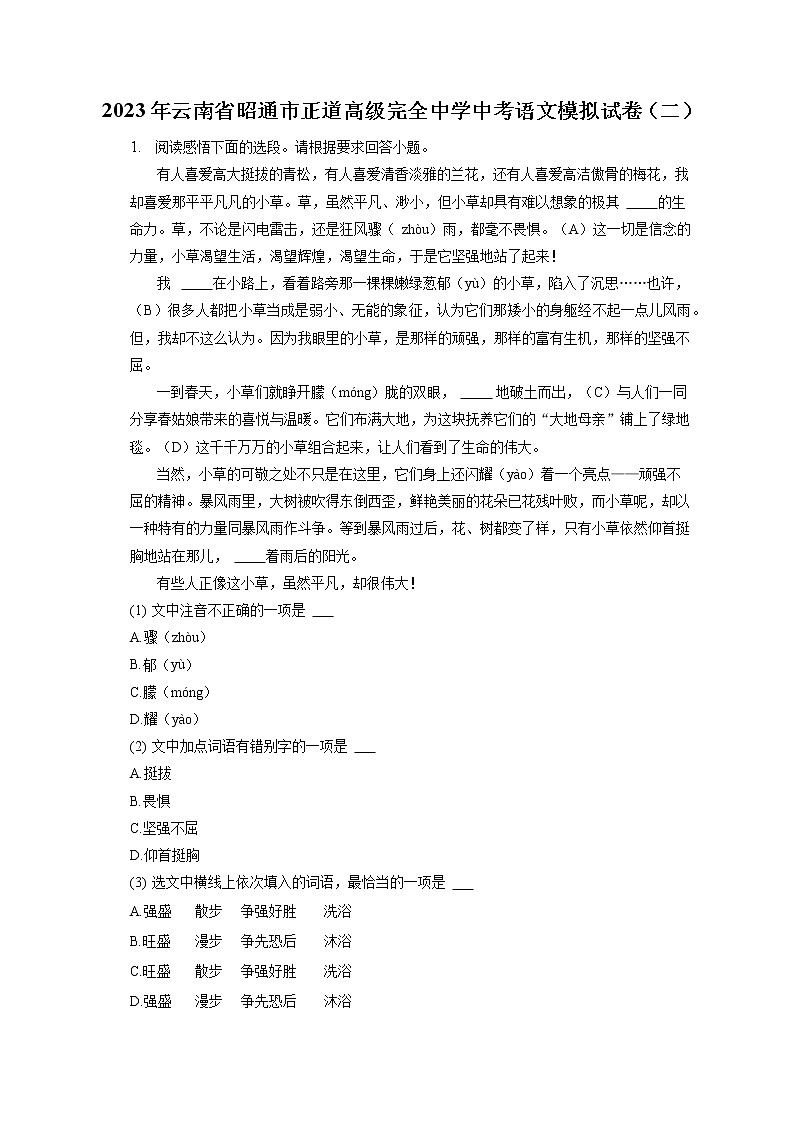 2023年云南省昭通市正道高级完全中学中考语文模拟试卷（二）(含答案解析)01