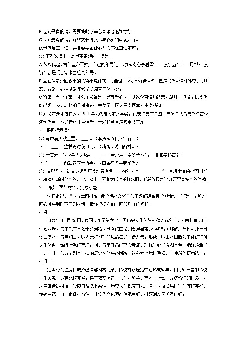 2023年云南省中考语文模拟试卷(含答案解析)02