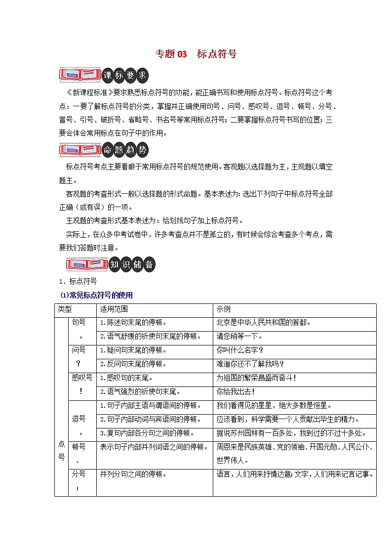 专题03 标点符号-2023年中考语文二轮复习专题讲解与满分特训（全国通用）01
