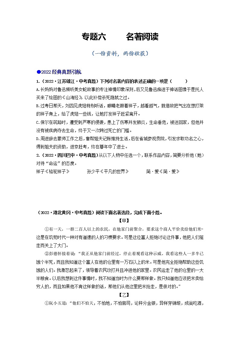 专题六     名著阅读（讲练综合）（原卷版）第1页