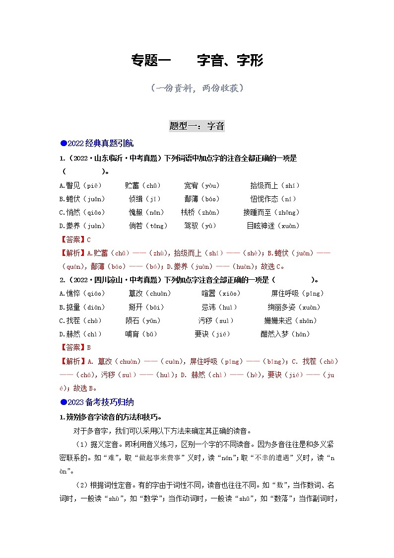 专题一    字音、字形（讲练综合）（解析版）第1页