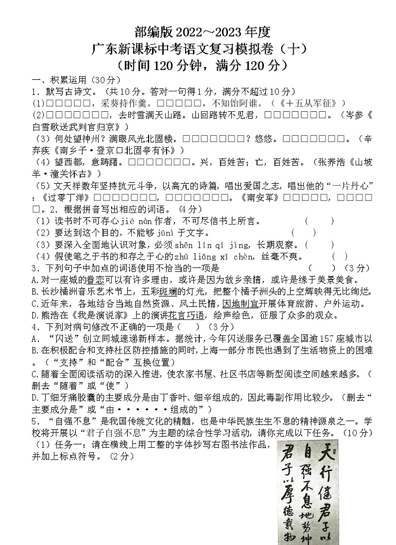 广东新课标语文中考模拟练习卷（十）及参考答案01