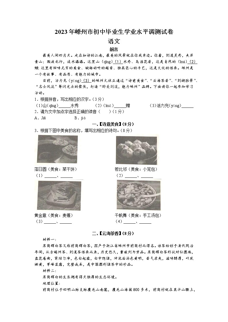 2023年浙江省绍兴市嵊州市中考一模语文试题01