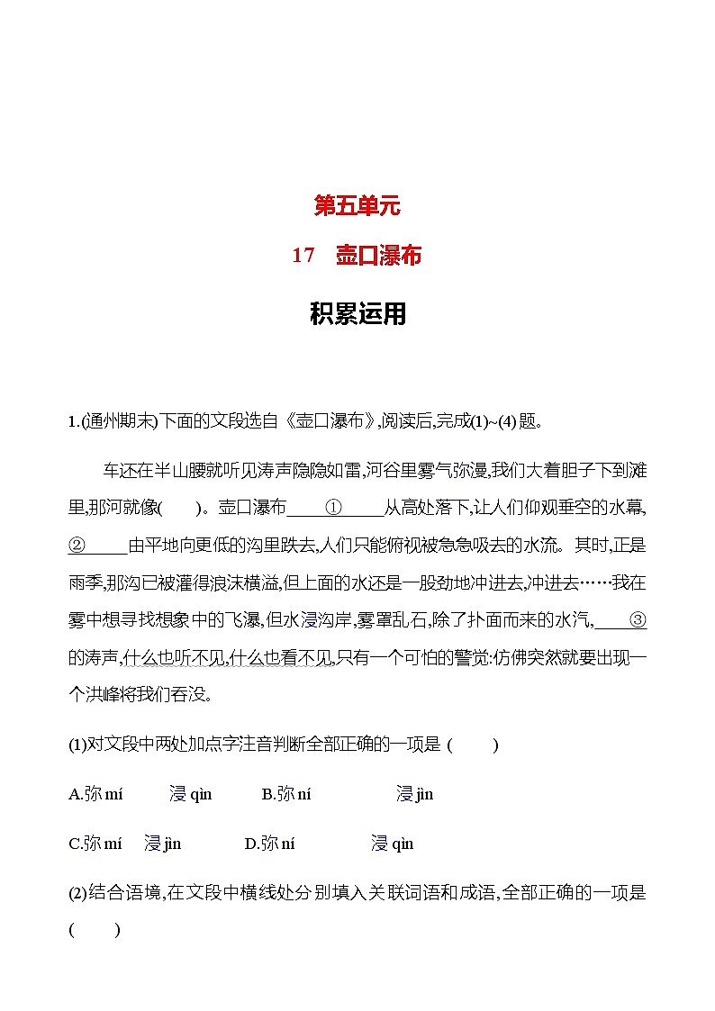 2022-2023 部编版语文八年级下册 第五单元   17　壶口瀑布 同步练习01