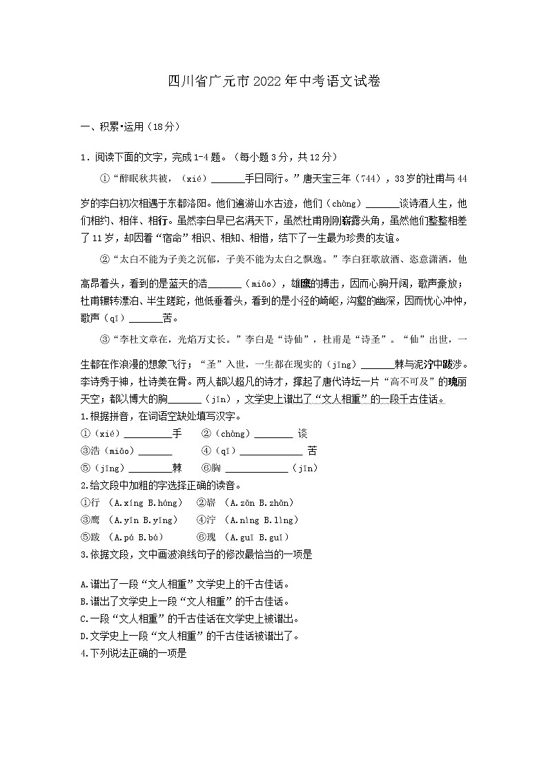 2022年四川省广元市中考语文试卷及答案01