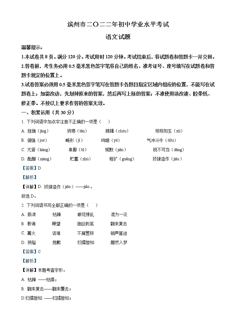 2022年山东省滨州市中考语文真题（解析版）01