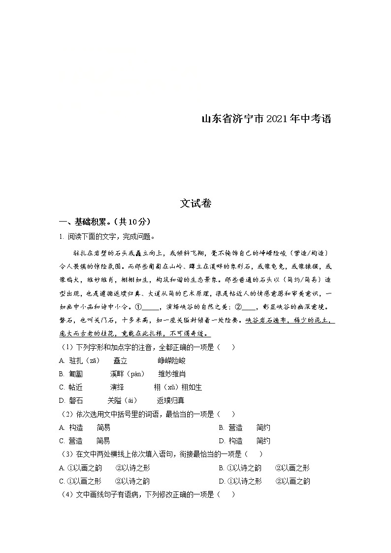 精品解析：山东省济宁市2021年中考语文试题（解析版）01