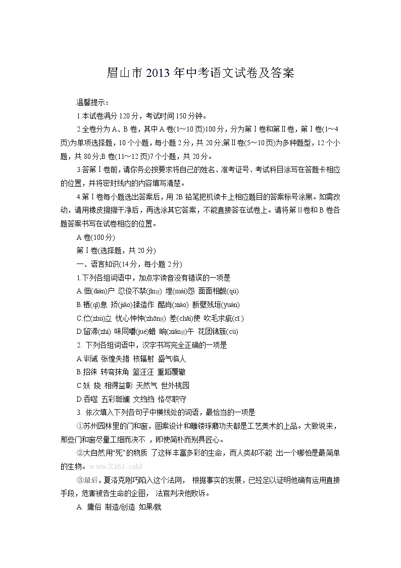 2013年眉山市中考语文试卷及答案01