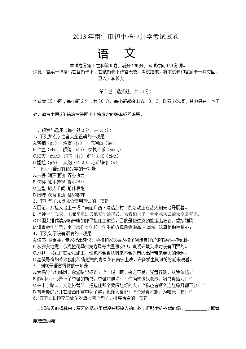 2013年南宁市中考语文试卷及答案第1页