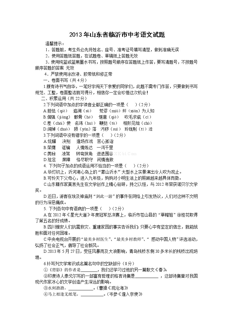 2013年临沂市中考语文试题及答案第1页