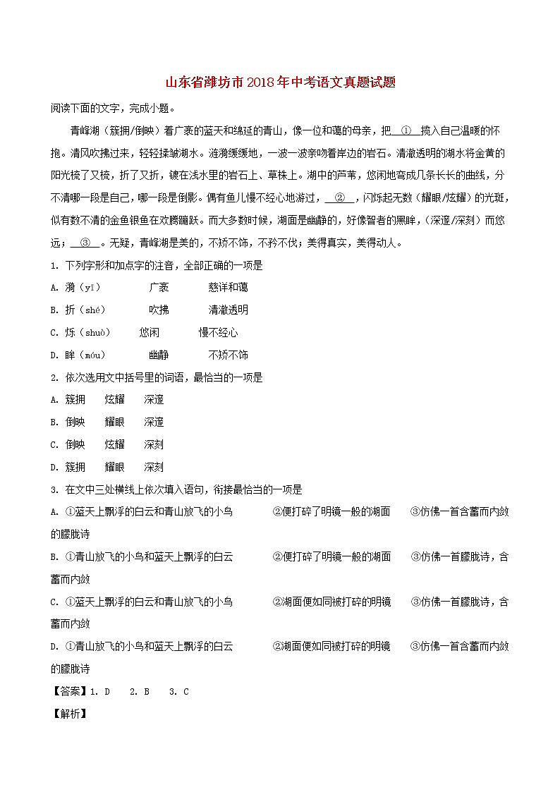 山东省潍坊市2018年中考语文真题试题（含解析）01
