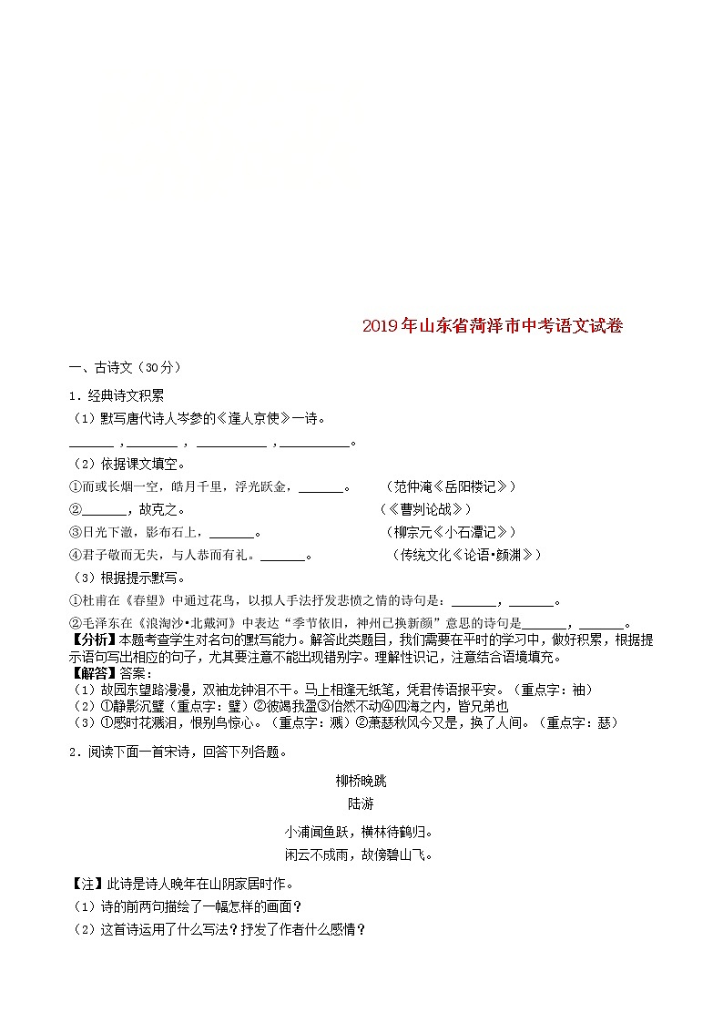 山东省菏泽市2019年中考语文真题试题（含解析）01