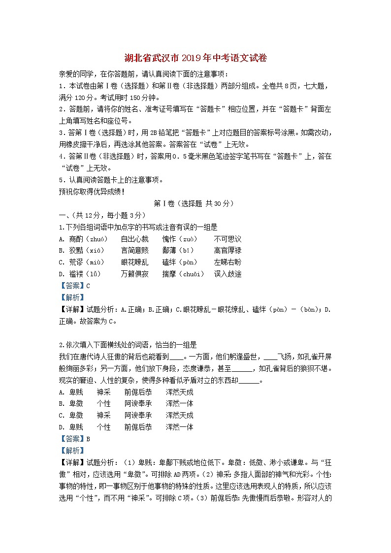 湖北省武汉市2019年中考语文真题试题（含解析）01