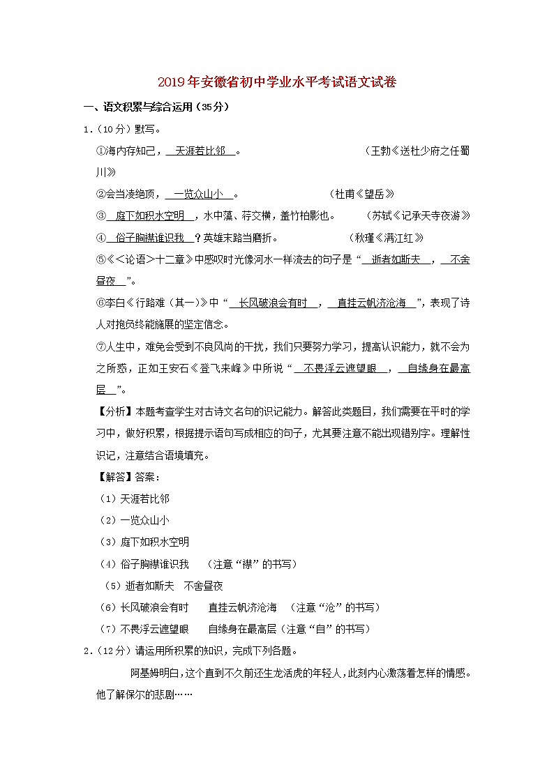 安徽省2019年中考语文真题试题（含解析）第1页