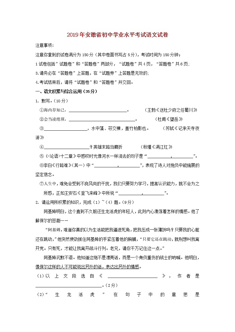 安徽省2019年中考语文真题试题01