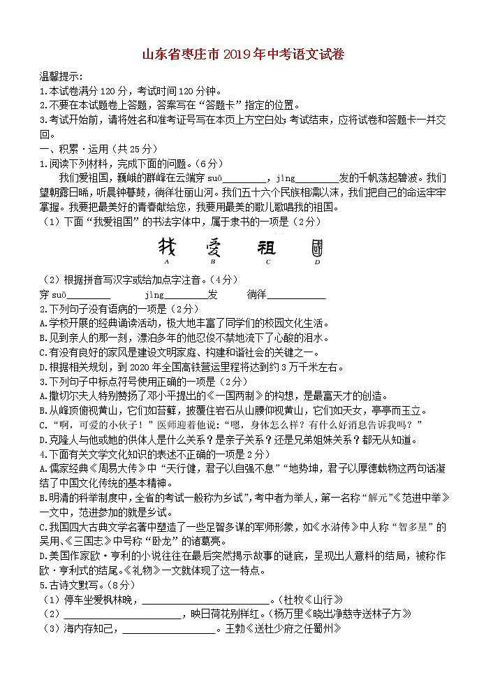 山东省枣庄市2019年中考语文真题试题01