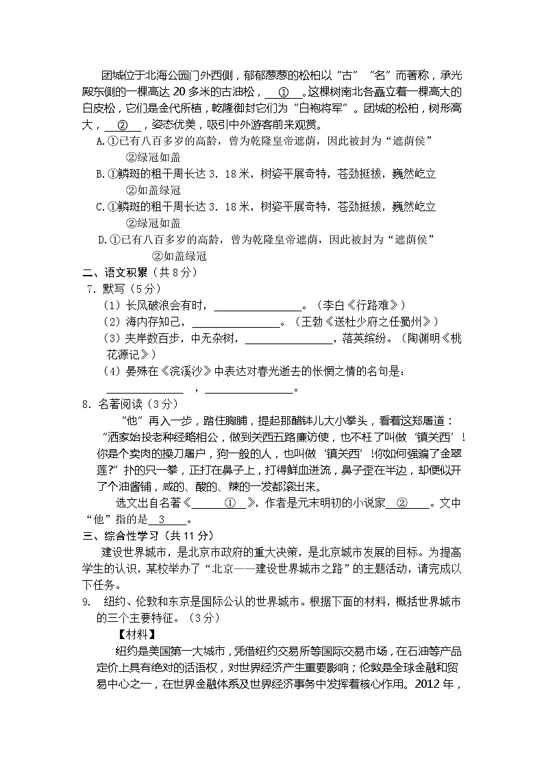 北京市朝阳区2013年中考第一次模拟语文试题第3页