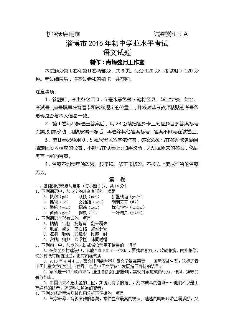2016年淄博市中考语文试题第1页