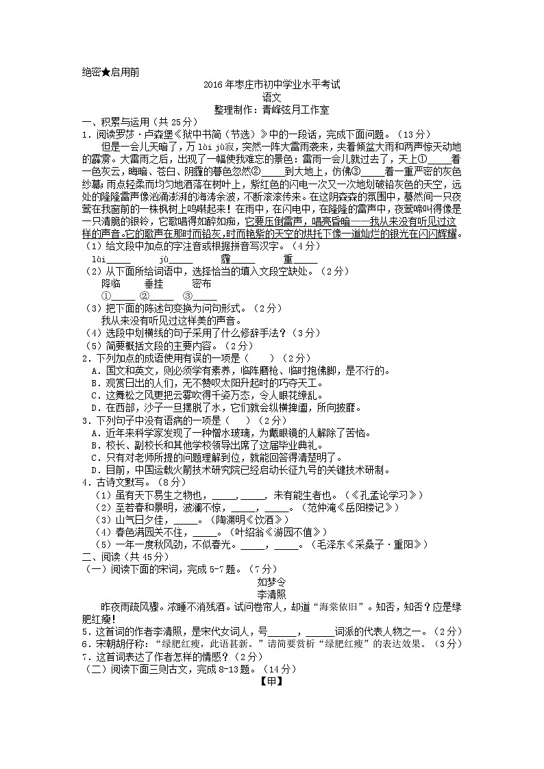 2016年枣庄市中考语文试题及答案第1页