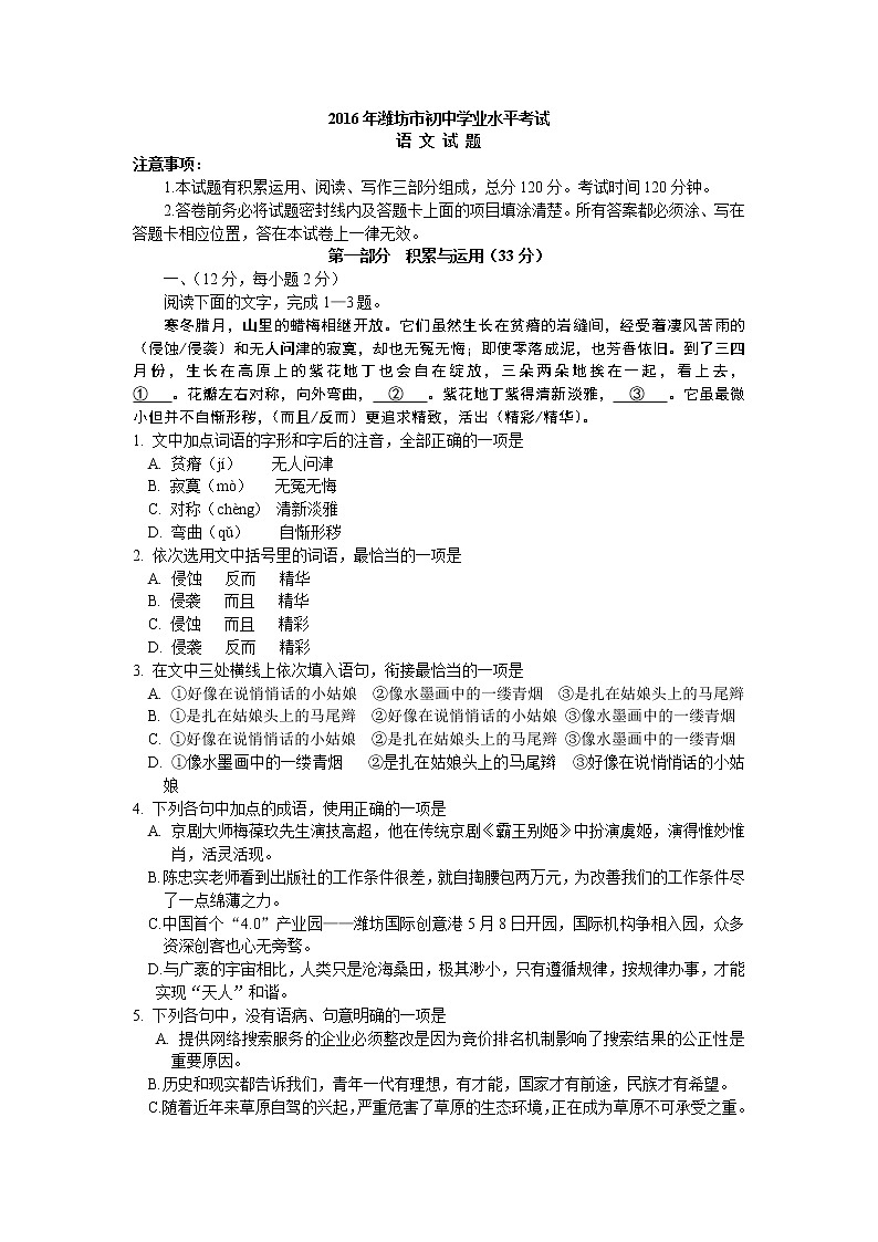 2016年潍坊市中考语文试卷及答案01
