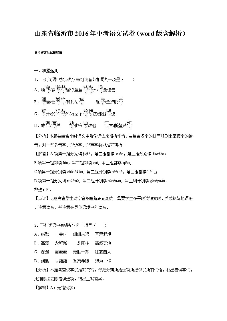 2016年临沂市中考语文试题解析版01